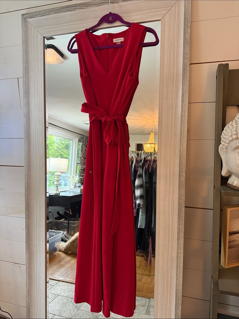 Calvin Klein Red Sleeveless Wrap Maxi Jumpsuit with Tie Waist
